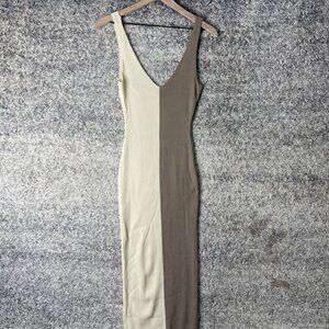 Meshki Dress Womens Medium Beige Cream Ribbed Knit Colorblock Sleeveless V Neck